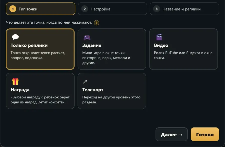 Пять типов точек в конструкторе Миробуса: реплики, задание, видео, награда и телепорт